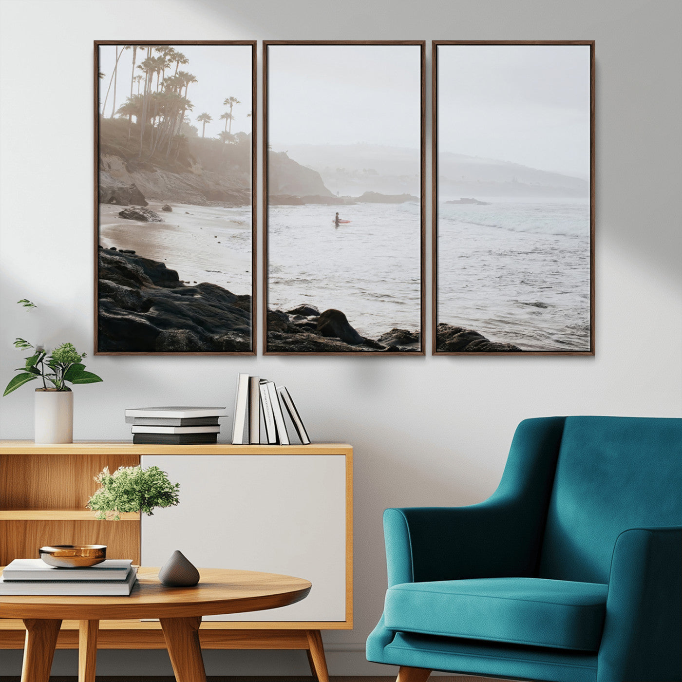 62501405-MGV-CV-36X24-Misty Beach Wall Art Canvas Print, Framed California Surfer Art Picture Print, Coastal Cliff Perfect Coastal Beach Decor Artwork