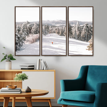 62119206-MGV-FC-48X32-3P_Walnut-Snowy Trail Wall Art Canvas Print, Framed Ski Slope Art Picture Print, Winter Pines Perfect Alpine Adventure Decor Artwork