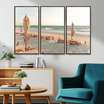 58507949-MGV-CV-36X24-Beach Umbrellas Wall Art Canvas Print, Framed Empty Loungers Art Picture Print, Soft Sand Perfect Minimalist Seaside Decor Artwork
