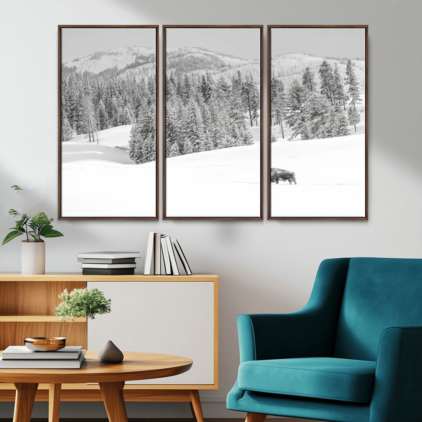 68081143-MGV-CV-36X24-Snowy Bison Wall Art Canvas Print, Framed Winter Forest Art Picture Print, Lone Bison Perfect Monochrome Winter Wild Decor Artwork