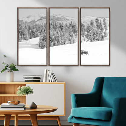 68081143-MGV-CV-36X24-Snowy Bison Wall Art Canvas Print, Framed Winter Forest Art Picture Print, Lone Bison Perfect Monochrome Winter Wild Decor Artwork
