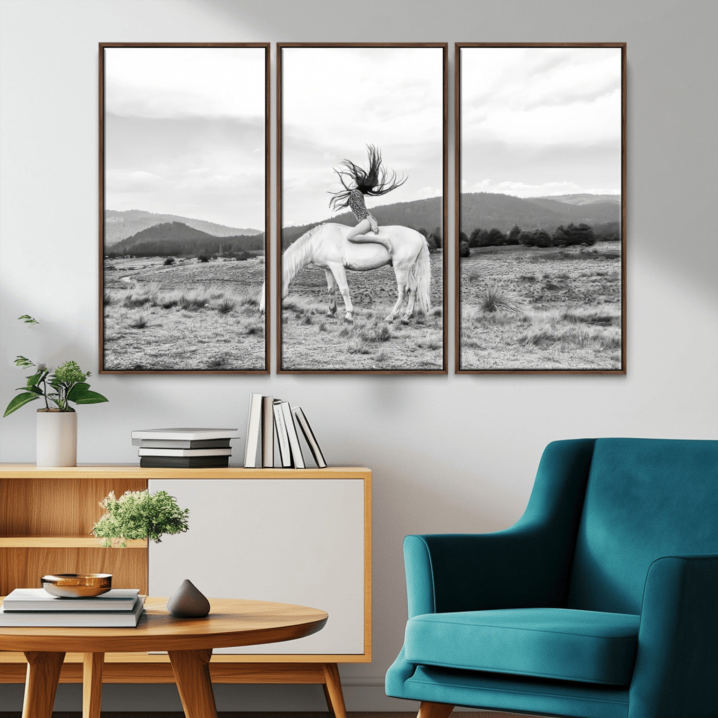 62789800-MGV-CV-36X24-White Horse Wall Art Canvas Print, Framed Woman Rider Art Picture Print, Equestrian Pose Perfect Western Boho Decor Artwork