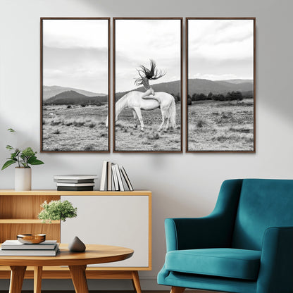 62789800-MGV-CV-36X24-White Horse Wall Art Canvas Print, Framed Woman Rider Art Picture Print, Equestrian Pose Perfect Western Boho Decor Artwork