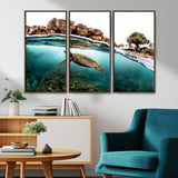 44200301-MGV-CV-36X24-Sea Turtle Swim Wall Art Canvas Print, Framed Ocean Life Art Picture Print, Tropical Shoreline Perfect Tropical Coastal Decor