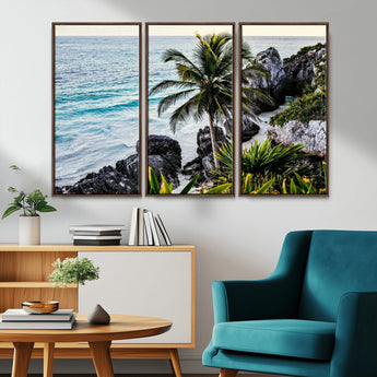 94669907-MGV-CV-36X24-Tropical Coastline Wall Art Canvas Print, Framed Palm Tree Art Picture Print, Rocky Beach Perfect Tropical Coastal Decor Artwork