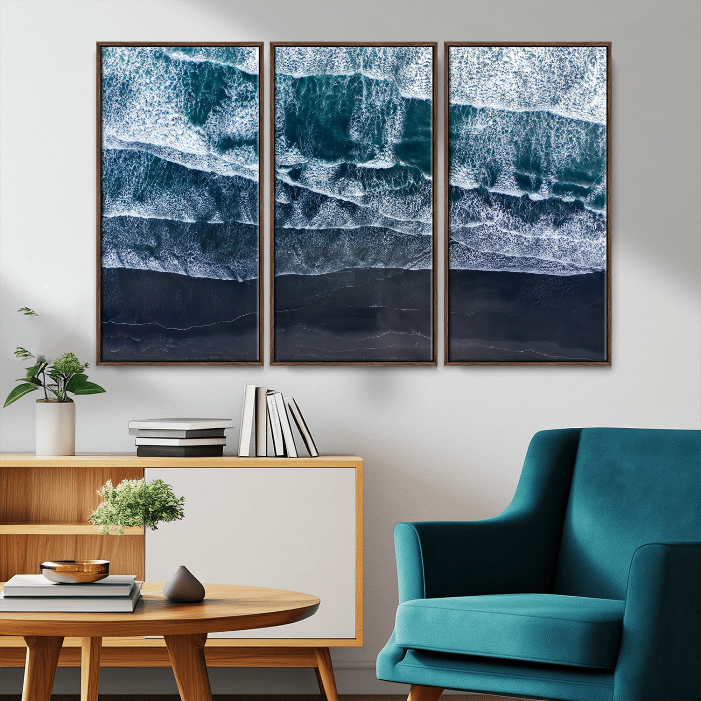 87941475-MGV-CV-36X24-Black Beach Wall Art Canvas Print, Framed Aerial Ocean Art Picture Print, Moody Coastal Perfect Modern Coastal Decor Artwork