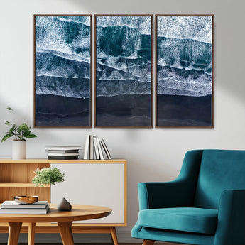 87941475-MGV-CV-36X24-Black Beach Wall Art Canvas Print, Framed Aerial Ocean Art Picture Print, Moody Coastal Perfect Modern Coastal Decor Artwork