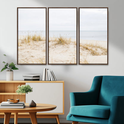 13146857-MGV-FC-48X32-3P_Walnut-Beach Dunes Wall Art Canvas Print, Framed Soft Horizon Art Picture Print, Coastal Grass Perfect Minimalist Coastal Decor Artwork