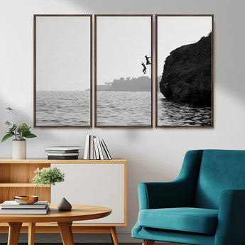 52284302-MGV-CV-36X24-Cliff Jumping Wall Art Canvas Print, Framed Ocean Adventure Art Picture Print, Black White Coast Perfect Modern Coastal Decor