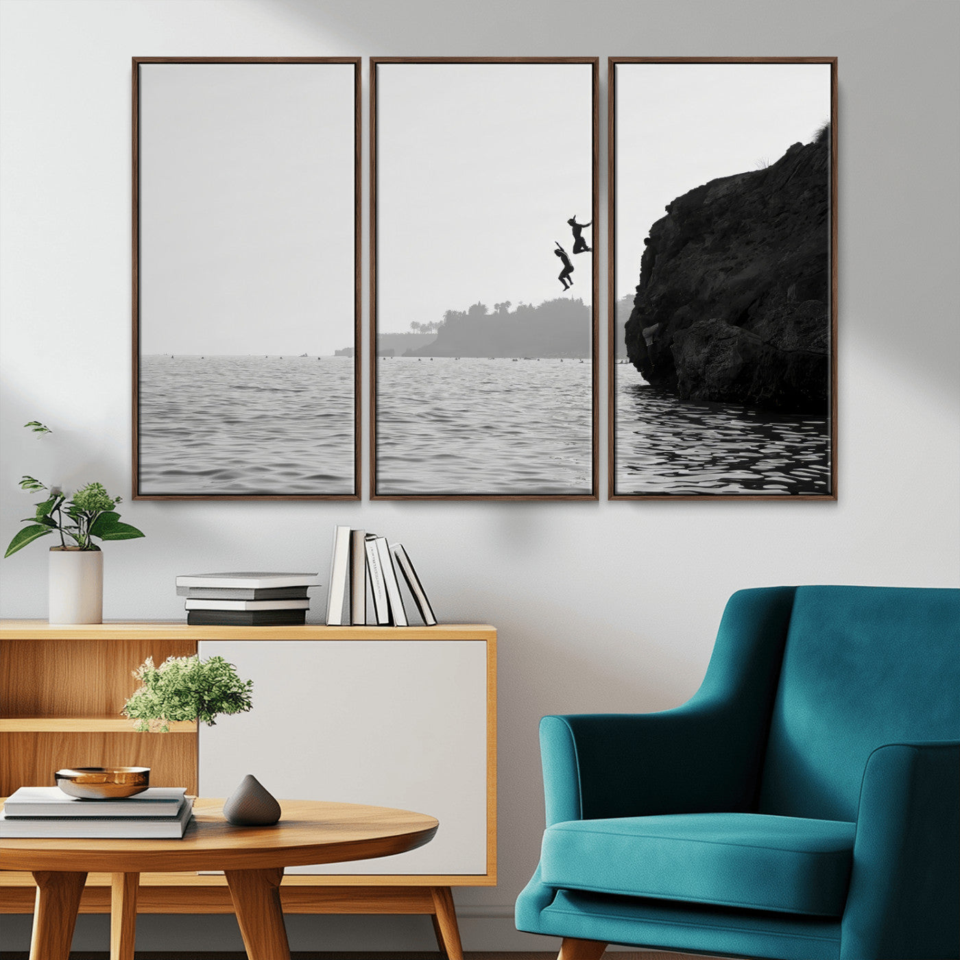 52284302-MGV-CV-36X24-Cliff Jumping Wall Art Canvas Print, Framed Ocean Adventure Art Picture Print, Black White Coast Perfect Modern Coastal Decor
