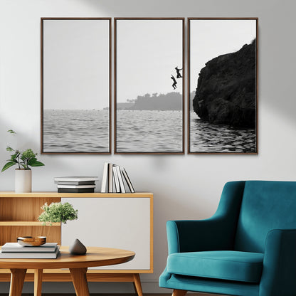 52284302-MGV-CV-36X24-Cliff Jumping Wall Art Canvas Print, Framed Ocean Adventure Art Picture Print, Black White Coast Perfect Modern Coastal Decor
