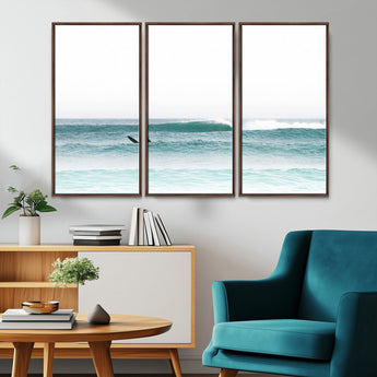 56345117-MGV-FC-48X32-3P_Walnut-Minimalist Surfing Wall Art Canvas Print, Framed Ocean Waves Art Picture Print, Soft Ocean Perfect Minimalist Coastal Decor