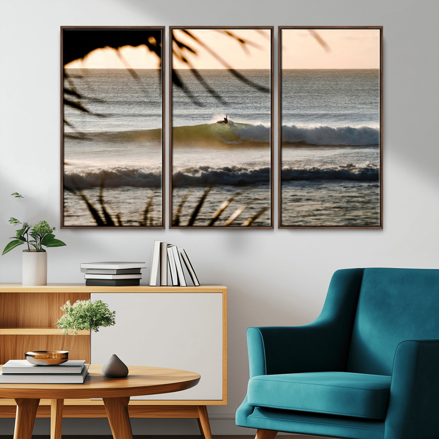 24896468-MGV-CV-36X24-Sunset Surf Wall Art Canvas Print, Framed Golden Waves Art Picture Print, Tropical Ocean Perfect Tropical Boho Decor Artwork