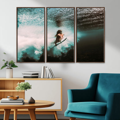 85923512-MGV-CV-36X24-Aquatic Motion Wall Art Canvas Print, Framed Underwater Swimming Art Picture Print, Female Surfer Diving Perfect Coastal Boho