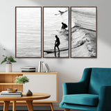 19875284-MGV-CV-36X24-Surfer Waves Wall Art Canvas Print, Framed Black White Surf Art Picture Print, Monochrome Ocean Perfect Modern Coastal Decor