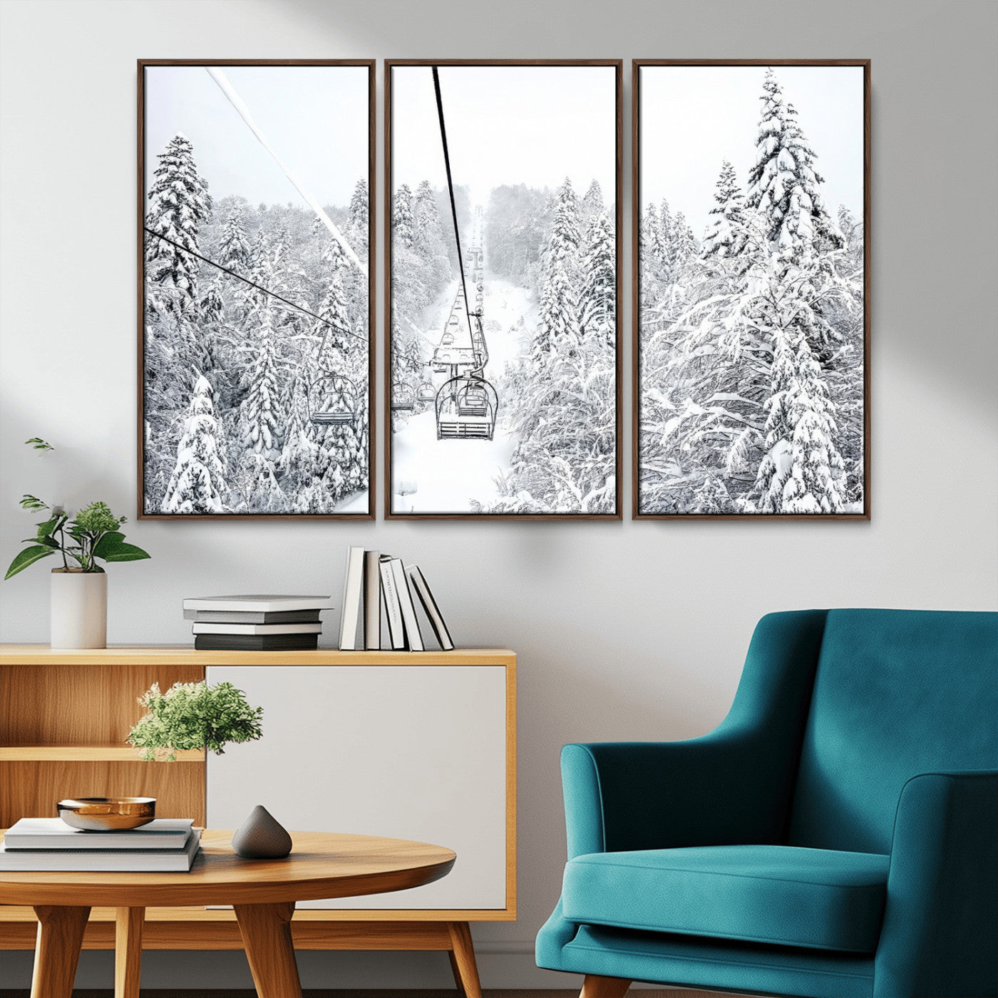 44705668-MGV-CV-36X24-Winter Forest Wall Art Canvas Print, Framed Snowy Forest Art Picture Print, Ski Lift Perfect Scandinavian Decor Artwork