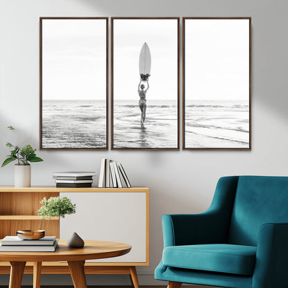 98446901-MGV-CV-36X24-Monochrome Surf Wall Art Canvas Print, Framed Minimalist Surfer Art Picture Print, Surfboard Silhouette Perfect Coastal Minimalist