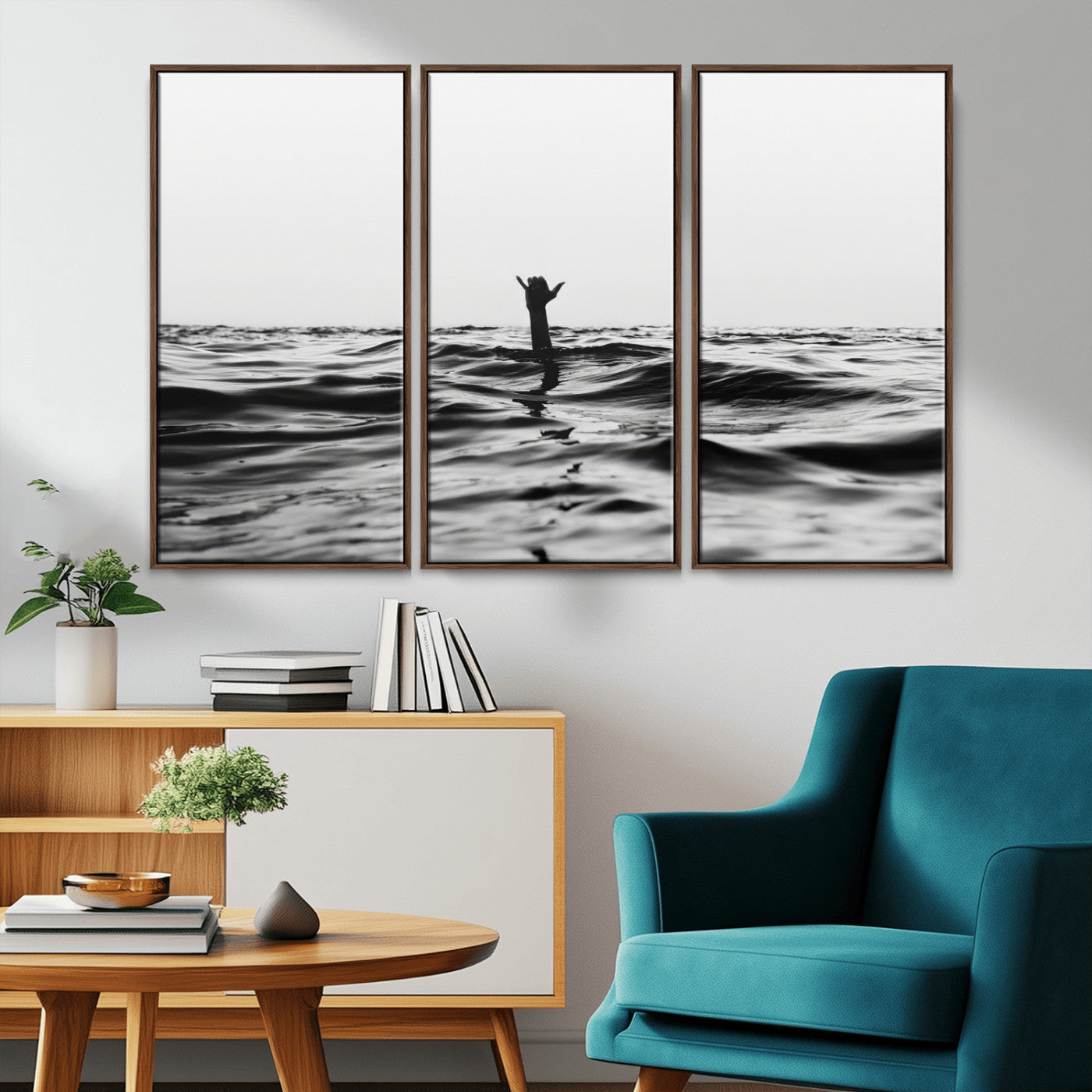 69541918-MGV-CV-36X24-Black White Ocean Wall Art Canvas Print, Framed Moody Seascape Art Picture Print, Surfer Sign Perfect Moody Minimalist Decor