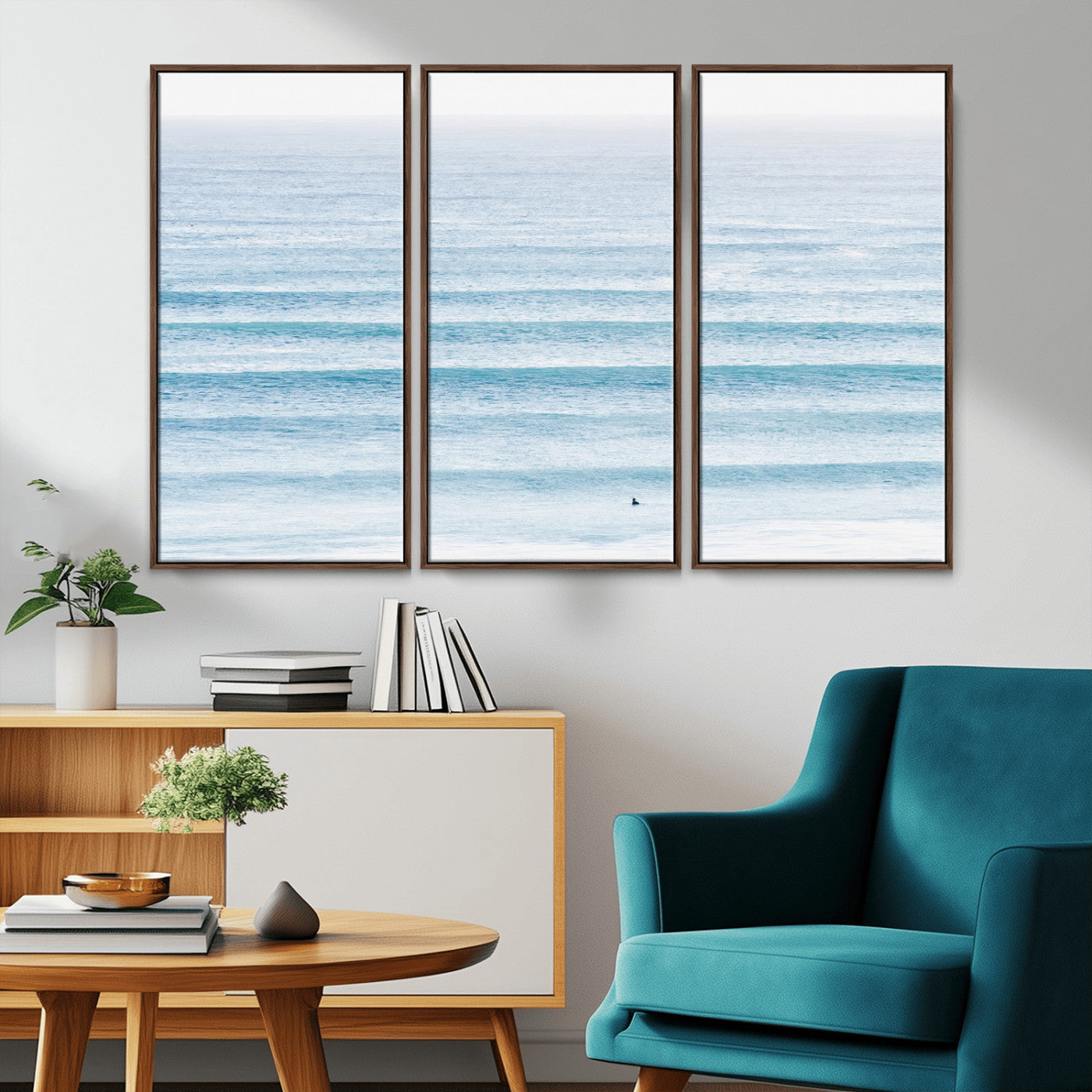 77145995-MGV-CV-36X24-Ocean Simplicity Wall Art Canvas Print, Framed Surfer on Water Art Picture Print, Light Blue Perfect Coastal Minimalist Decor