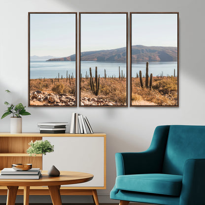 45193515-MGV-FC-48X32-3P_Walnut-Desert Cactus Wall Art Canvas Print, Framed Baja Coastline Art Picture Print, Coastal Desert Perfect Southwestern Minimalist Decor