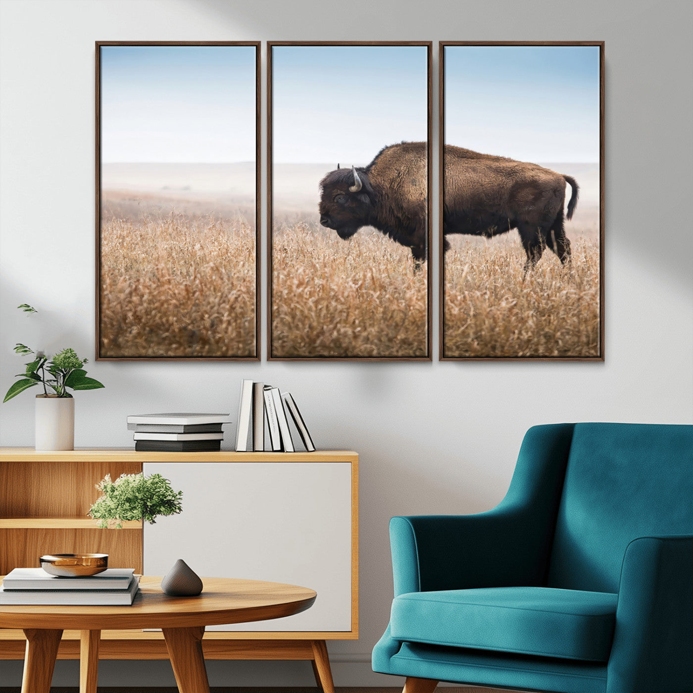 99620201-MGV-CV-36X24-Wild Bison Wall Art Canvas Print, Framed Bison in Prairie Art Picture Print, Rustic Western Perfect Rustic Western Decor Artwork