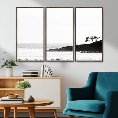 40875891-MGV-CV-36X24-SurferCliffs Wall Art Canvas Print, Framed Black White Beach Art Picture Print, Ocean Waves Perfect Minimalist Coastal Decor