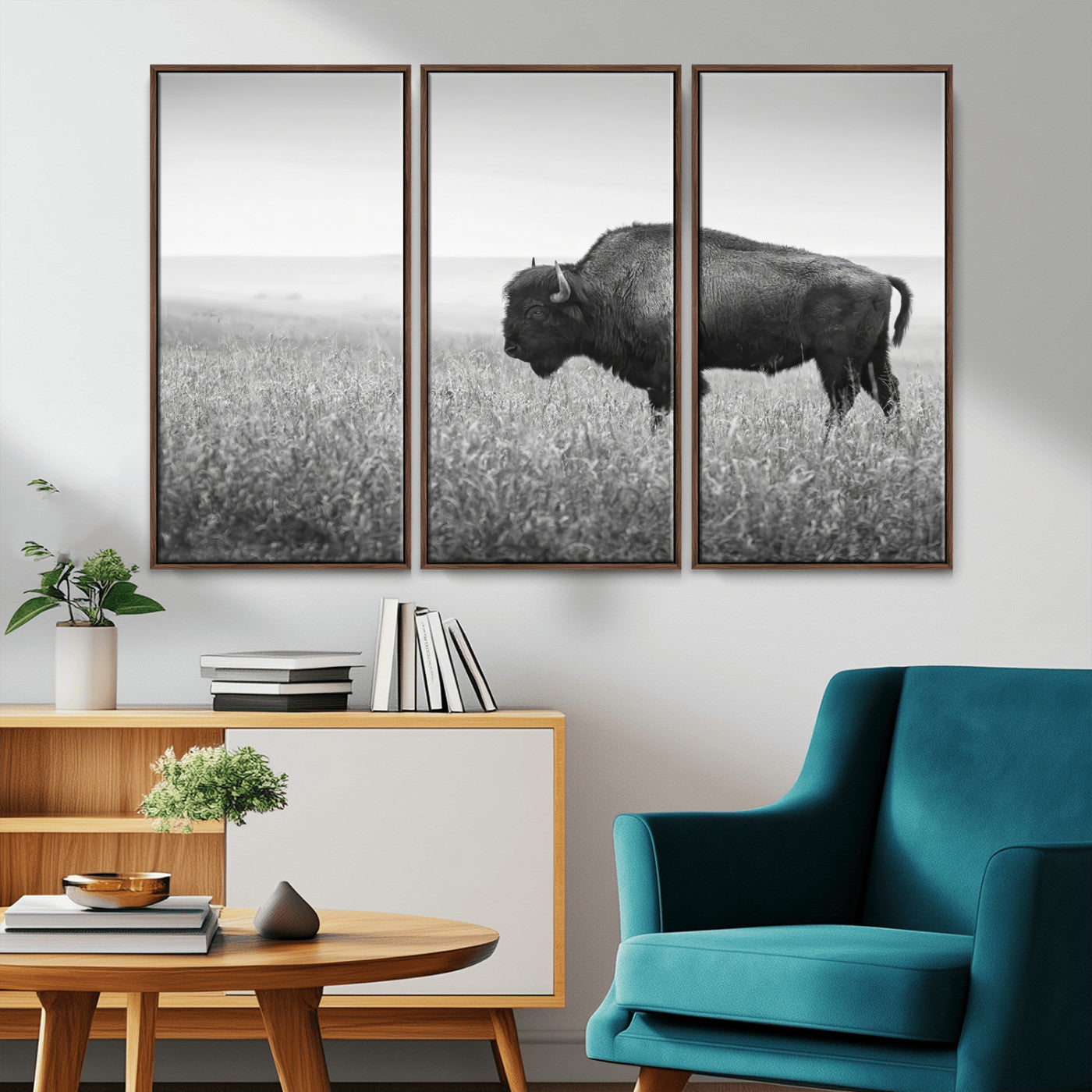 28435251-MGV-FC-48X32-3P_Walnut-Bison In Prairie Wall Art Canvas Print, Framed Rustic Wildlife Art Picture Print, Wild Buffalo Perfect Rustic Western Decor