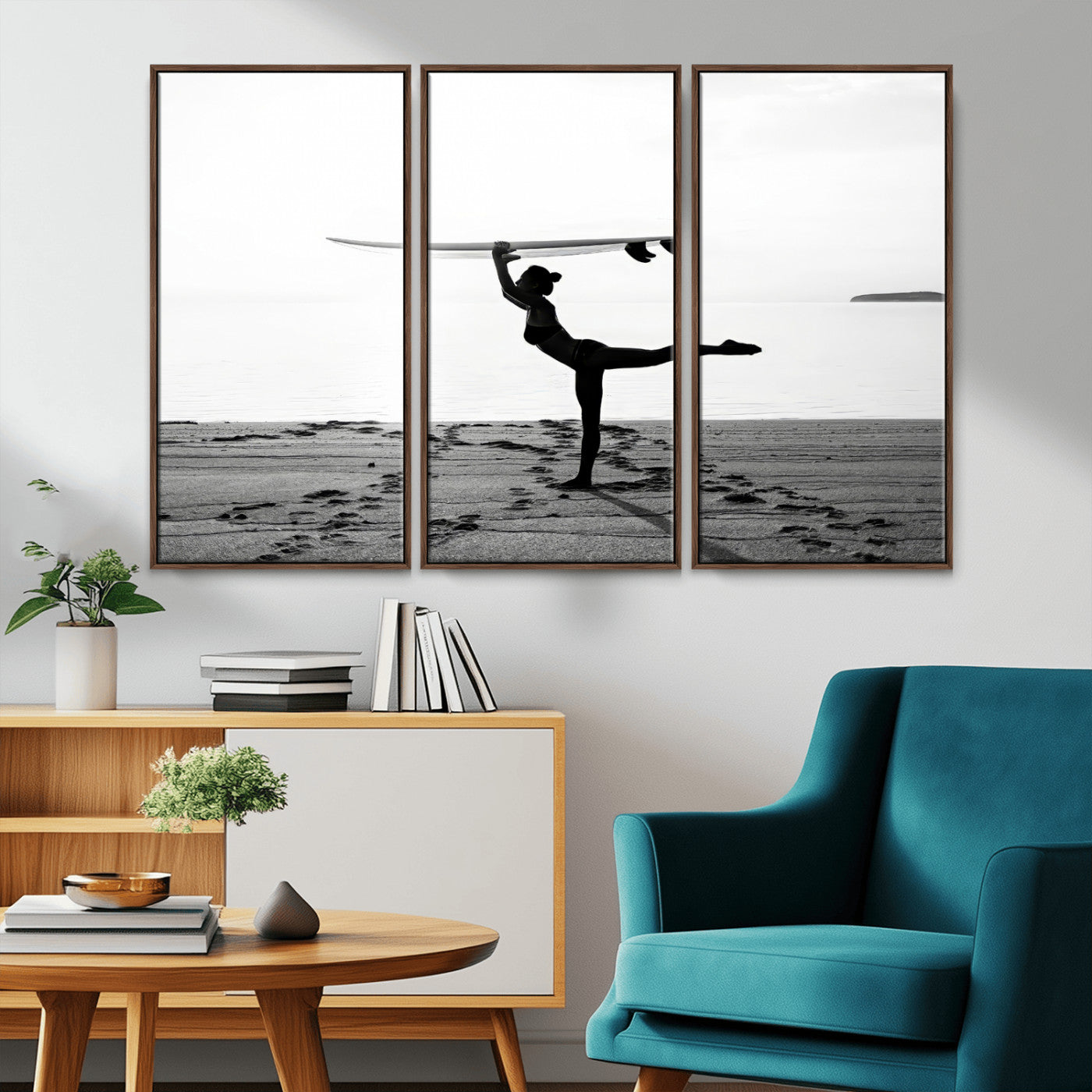 28441356-MGV-CV-36X24-Yoga Surf Wall Art Canvas Print, Framed Black White Shore Art Picture Print, Peaceful Ocean Perfect Minimalist Coastal Decor