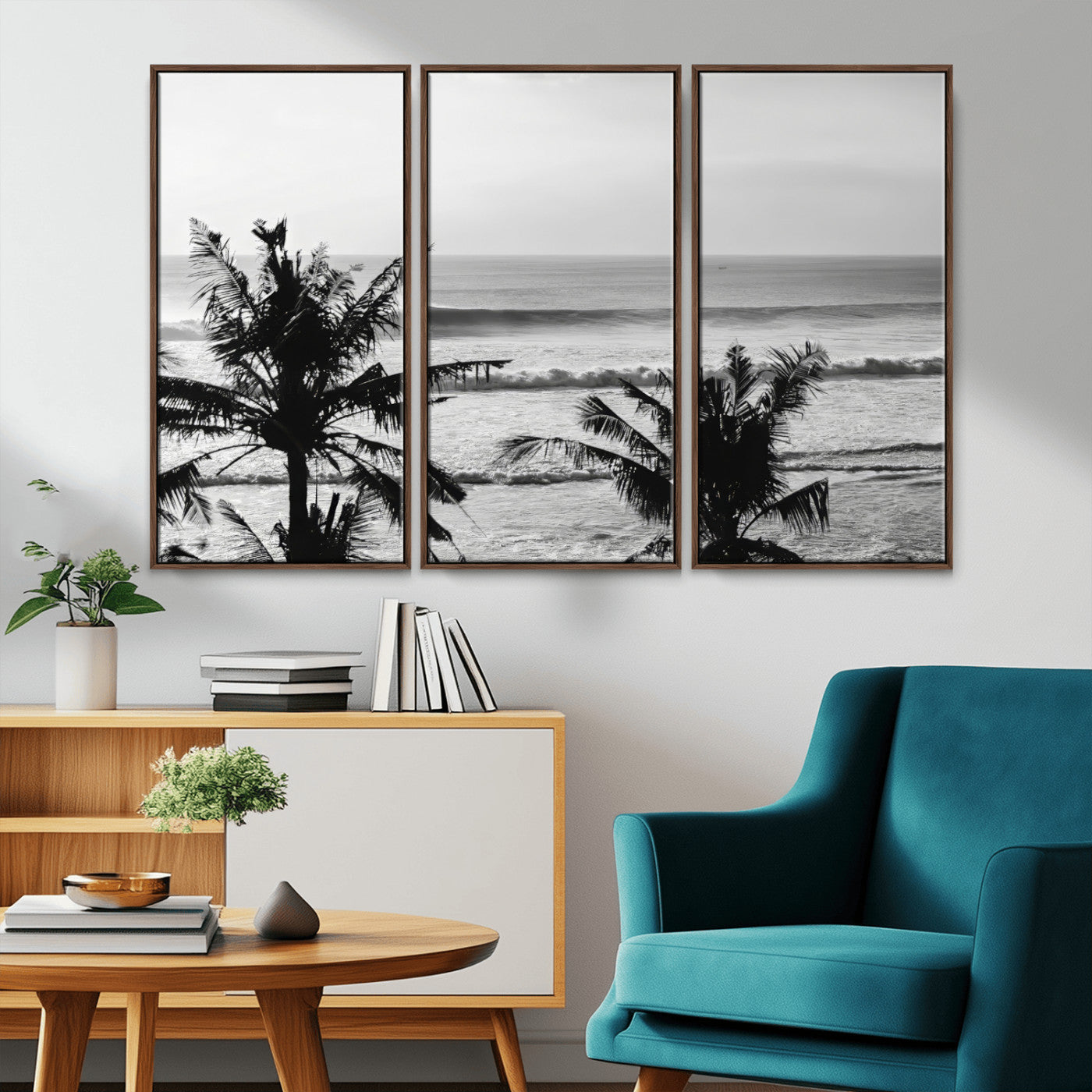17508038-MGV-CV-36X24-Tropical Coastline Wall Art Canvas Print, Framed Palm Trees Art Picture Print, Ocean Waves Perfect Minimalist Coastal Decor