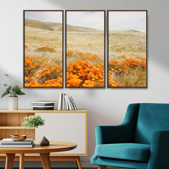 28972262-MGV-CV-36X24-Golden Wildflowers Wall Art Canvas Print, Framed Hills Bloom Art Picture Print, Poppy Meadow Perfect Rustic Nature Decor Artwork