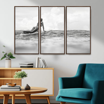 69798068-MGV-CV-36X24-Black White Surfing Wall Art Canvas Print, Framed Ocean Horizon Art Picture Print, Surfer Girl Perfect Coastal Adventure Decor