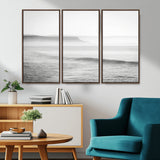60635783-MGV-FC-48X32-3P_Walnut-Black White Seascape Wall Art Canvas Print, Framed Ocean Waves Art Picture Print, Misty Coastal Perfect Minimalist Coastal Decor