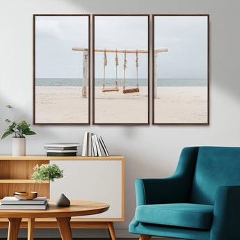 68327283-MGV-CV-36X24-Beach Swing Wall Art Canvas Print, Framed Quiet Beach Art Picture Print, Calm Shoreline Perfect Bohemian Coastal Decor Artwork