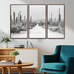 35537313-MGV-CV-36X24-Monochrome Desert Wall Art Canvas Print, Framed Cactus Path Art Picture Print, Southwestern Landscape Perfect Southwestern