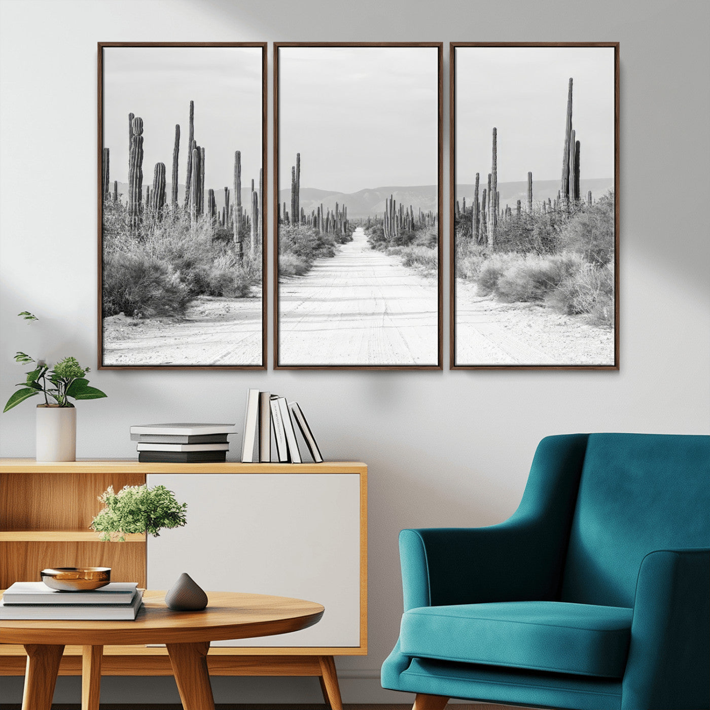 35537313-MGV-CV-36X24-Monochrome Desert Wall Art Canvas Print, Framed Cactus Path Art Picture Print, Southwestern Landscape Perfect Southwestern