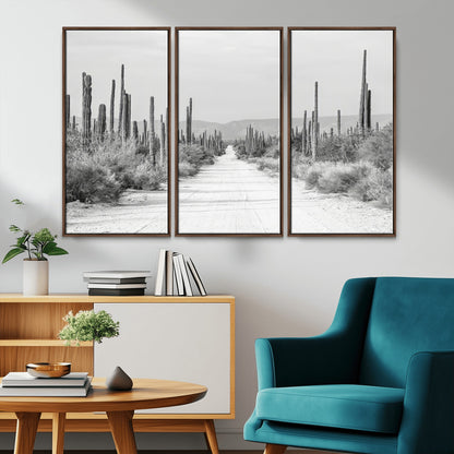 35537313-MGV-CV-36X24-Monochrome Desert Wall Art Canvas Print, Framed Cactus Path Art Picture Print, Southwestern Landscape Perfect Southwestern