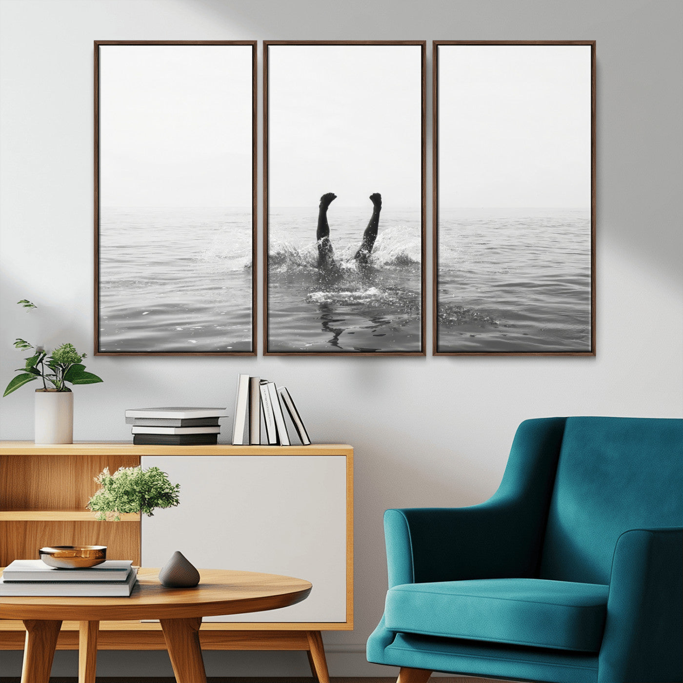 26667396-MGV-CV-36X24-Black White Ocean Wall Art Canvas Print, Framed Monochrome Water Art Picture Print, Diving into Water Perfect Minimalist Aquatic