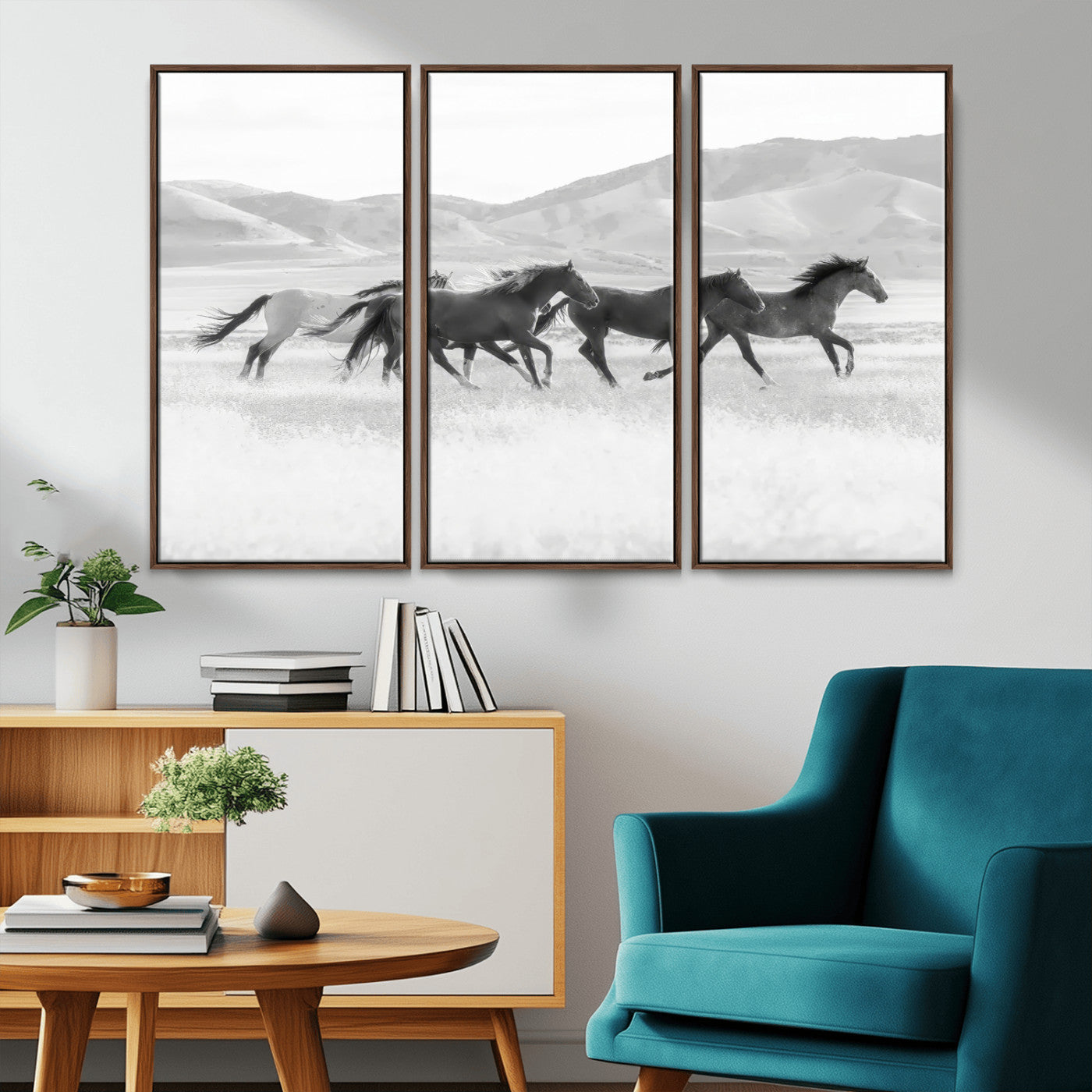 69934913-MGV-CV-36X24-Wild Horses Running Wall Art Canvas Print, Framed Black White Mustangs Art Picture Print, Rustic Western Perfect Rustic Western