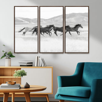 69934913-MGV-CV-36X24-Wild Horses Running Wall Art Canvas Print, Framed Black White Mustangs Art Picture Print, Rustic Western Perfect Rustic Western