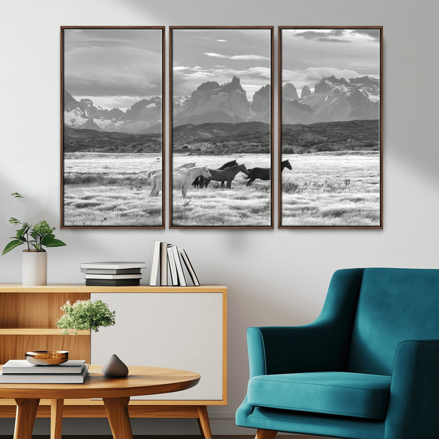 21655040-MGV-CV-36X24-Wild Horses Wall Art Canvas Print, Framed Black White Mountains Art Picture Print, Rustic Countryside Perfect Rustic Western Decor