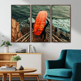 84555848-MGV-CV-36X24-Surfer Stairway Wall Art Canvas Print, Framed Ocean Surf Art Picture Print, Sunset Coastal Perfect Coastal Adventure Decor Artwork
