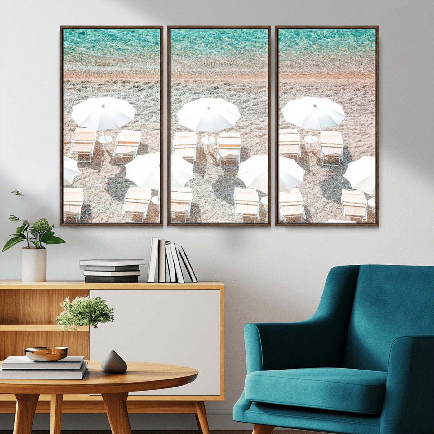 83736167-MGV-CV-36X24-Calm Beach Wall Art Canvas Print, Framed Turquoise Water Art Picture Print, Umbrella Shoreline Perfect Coastal Minimalist Decor