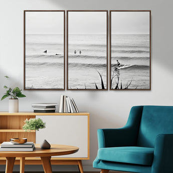33821421-MGV-CV-36X24-Surfer Silhouette Wall Art Canvas Print, Framed Calm Ocean Art Picture Print, Monochrome Surf Perfect Minimalist Coastal Decor