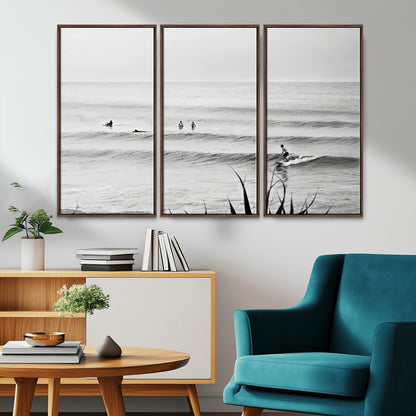 33821421-MGV-CV-36X24-Surfer Silhouette Wall Art Canvas Print, Framed Calm Ocean Art Picture Print, Monochrome Surf Perfect Minimalist Coastal Decor