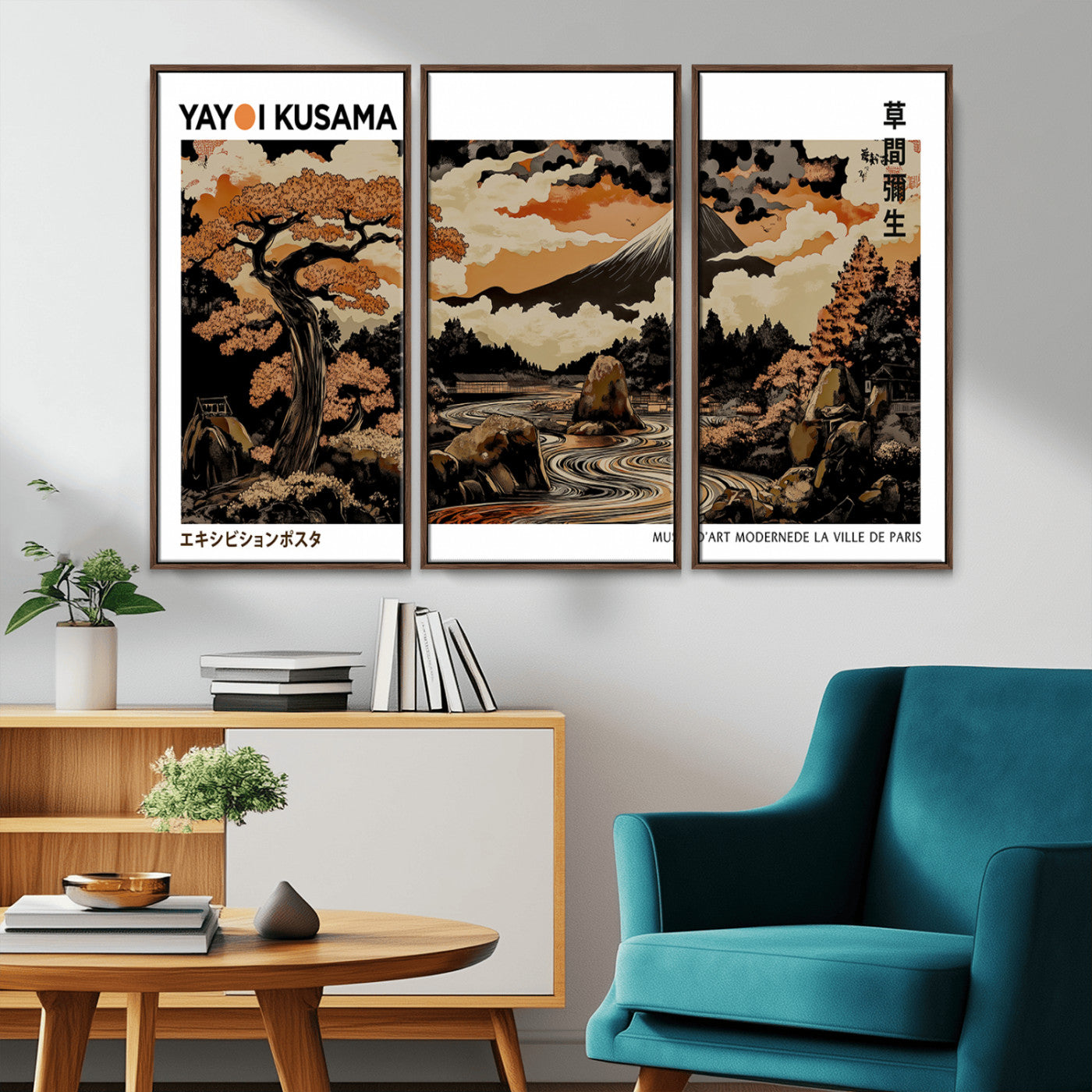 96372548-MGV-CV-36X24-Japanese Landscape Wall Art Print – Mt. Fuji Poster with Bonsai Tree & River, Ukiyo-e Inspired Modern Japanese Artwork, Autumn