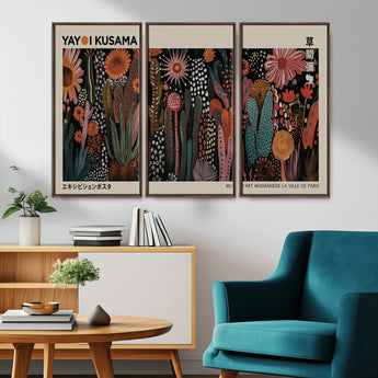 28344895-MGV-FC-48X32-3P_Walnut-Dark Floral Abstract Wall Art Poster – Modern Botanical Canvas Print with Beige Border, Kusama Inspired Boho Flower Painting,