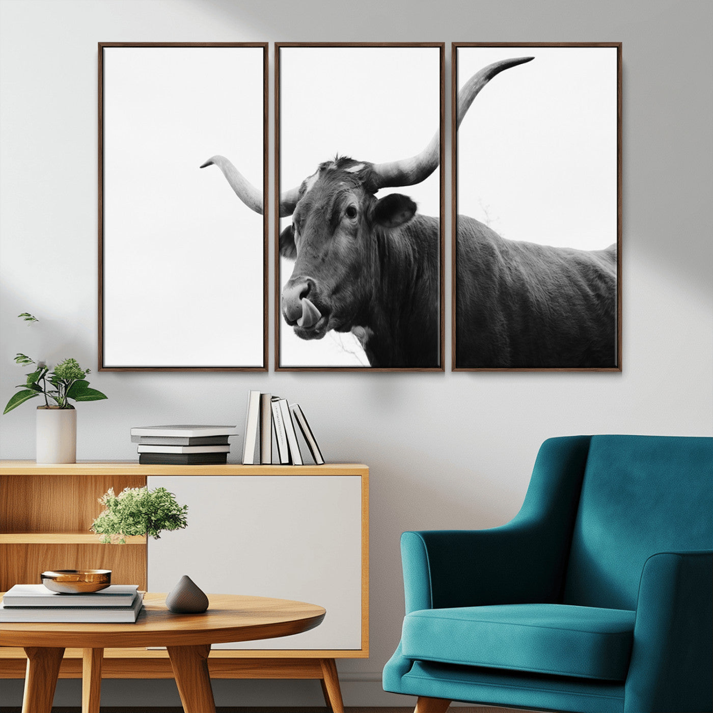 99244177-MGV-CV-36X24-Longhorn Photography Wall Art Canvas Print, Framed Western Cow Decor Art Picture Print, Black White Bull Perfect Modern Rustic