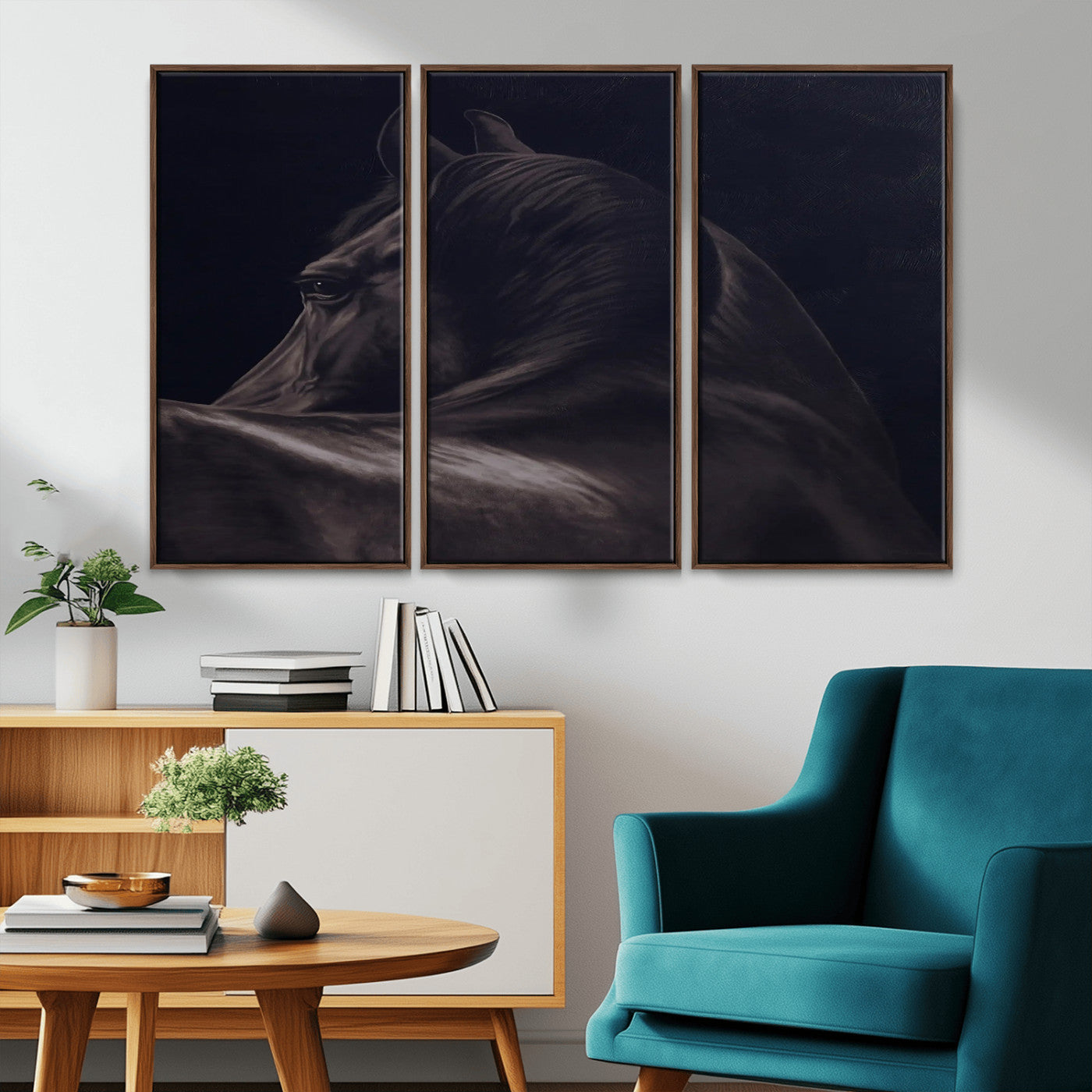 67026880-MGV-CV-36X24-Black Horse Portrait Wall Art Canvas Print, Framed Moody Horse Decor Art Picture Print, Equestrian Wall Style Perfect Masculine