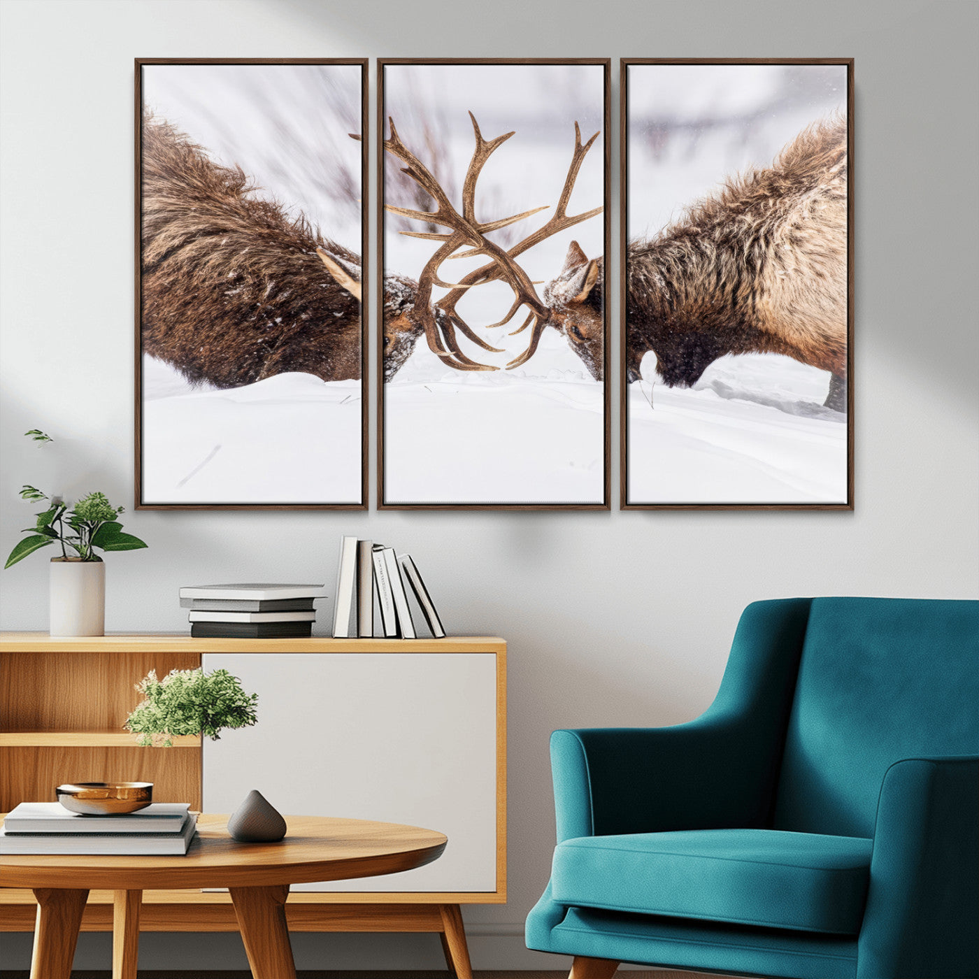 36507609-MGV-FC-48X32-3P_Walnut-Elk Clash Scene Wall Art Canvas Print, Framed Wildlife Strength Decor Art Picture Print, Snowy Forest Elk Perfect Rustic Lodge