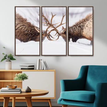 36507609-MGV-FC-48X32-3P_Walnut-Elk Clash Scene Wall Art Canvas Print, Framed Wildlife Strength Decor Art Picture Print, Snowy Forest Elk Perfect Rustic Lodge